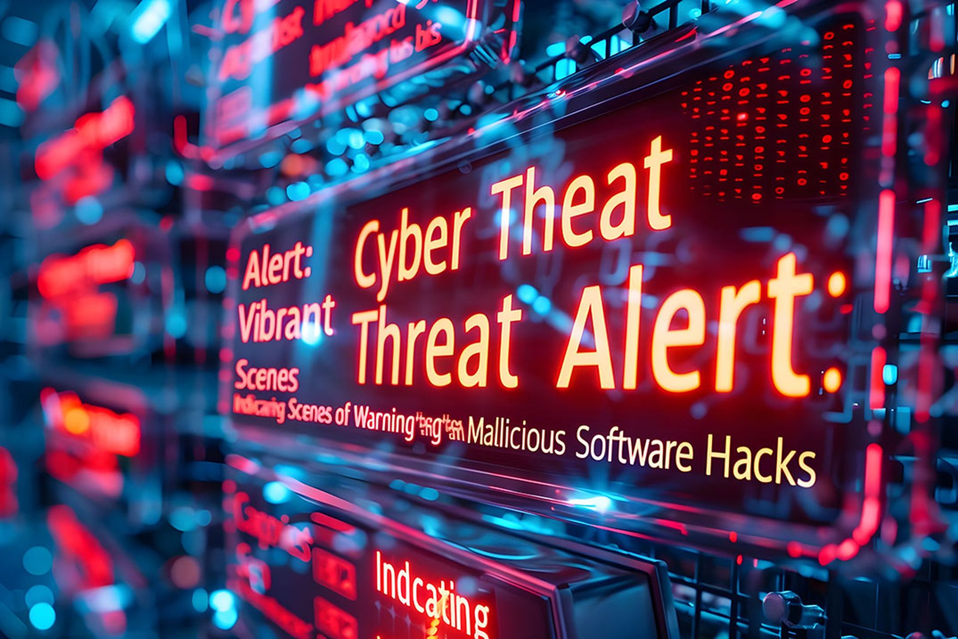 A dramatic digital display showing a 'Cyber Threat Alert' warning,with vibrant neon-colored scenes and caution messages indicating the presence of malicious software,hacks,and other digital threats