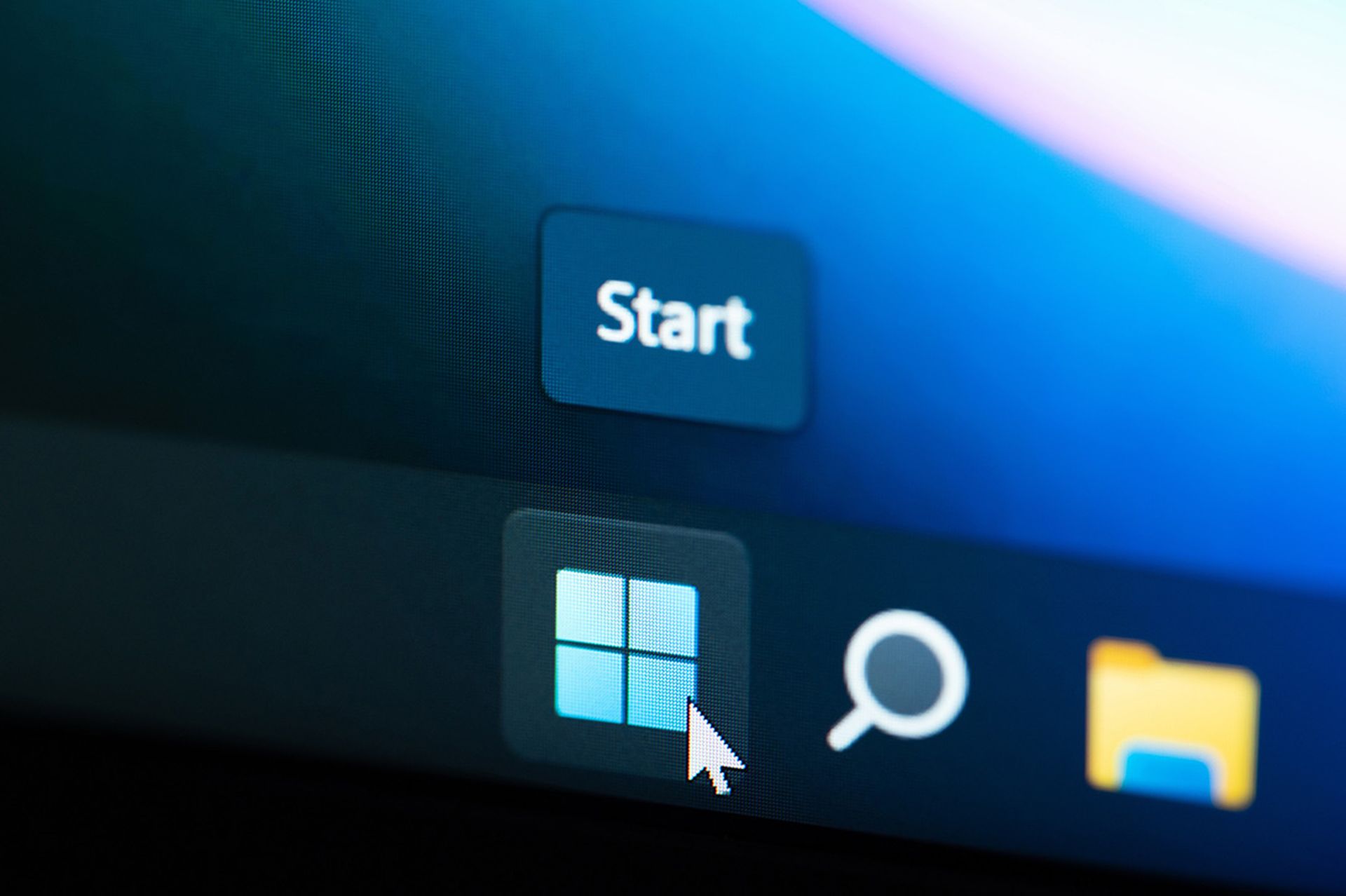 Windows 11 start button on computer menu screen close up view
