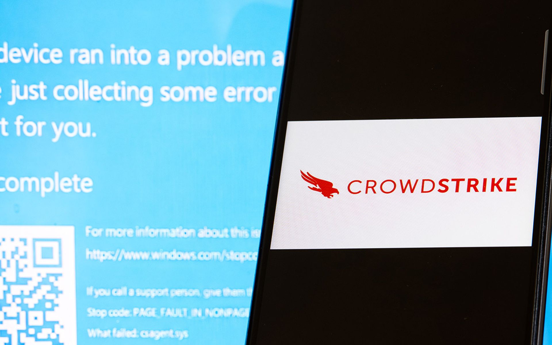 The CrowdStrike logo and a blue computer screen appeared during