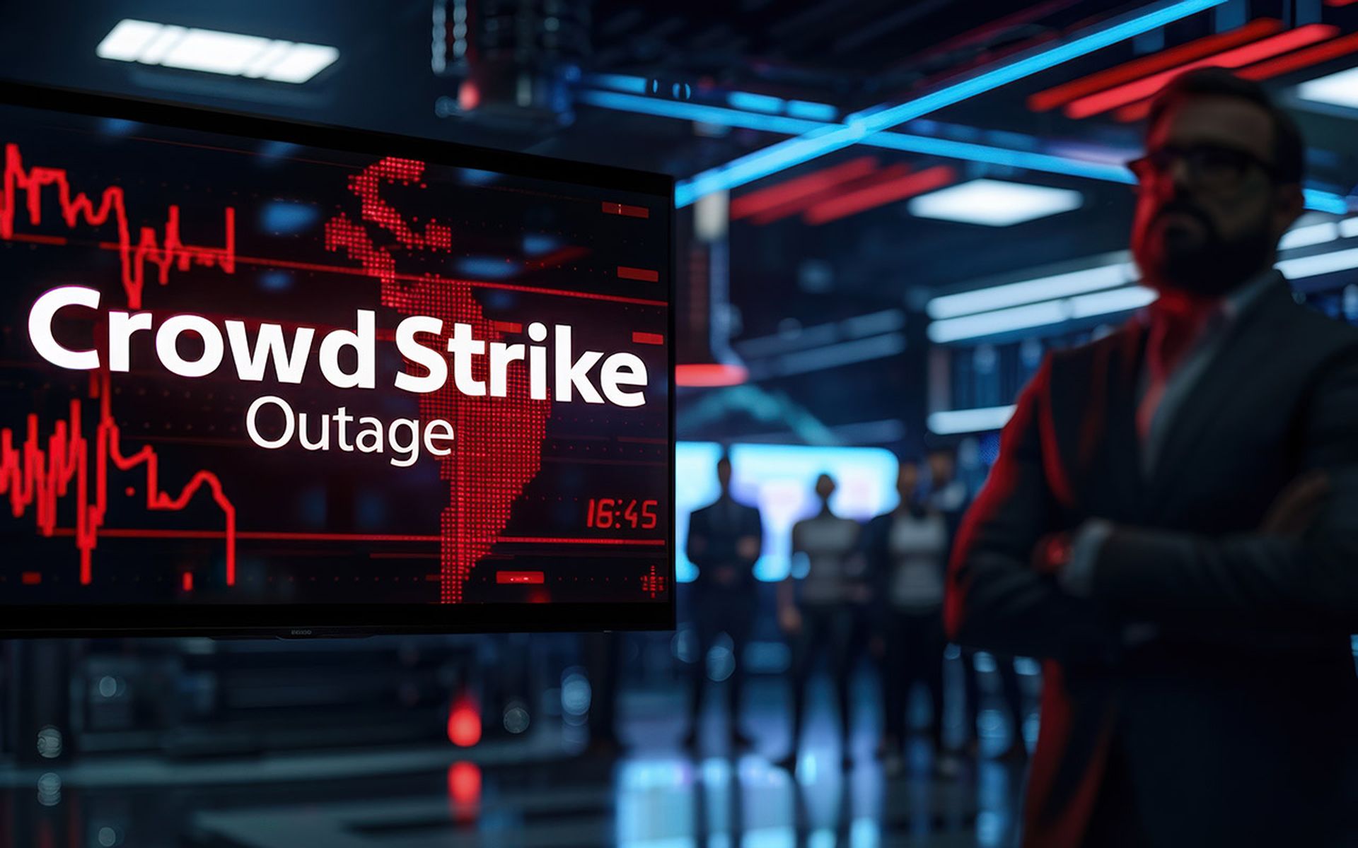 A digital display shows a CrowdStrike outage notification in a modern office environment, with professionals in the background.