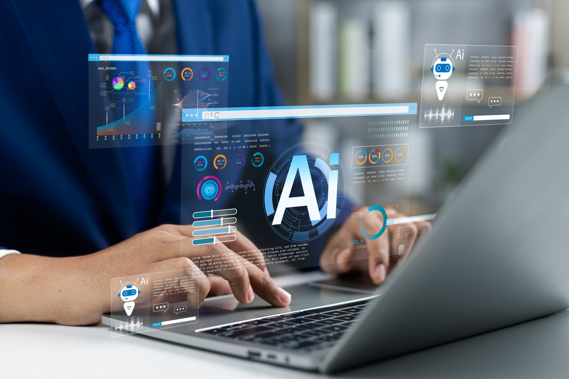 Businessman use artificial intelligence AI technology for enhanced work efficiency data analysis and efficient tools, Unlocking work potential with AI solutions chatbot help solve work problems.