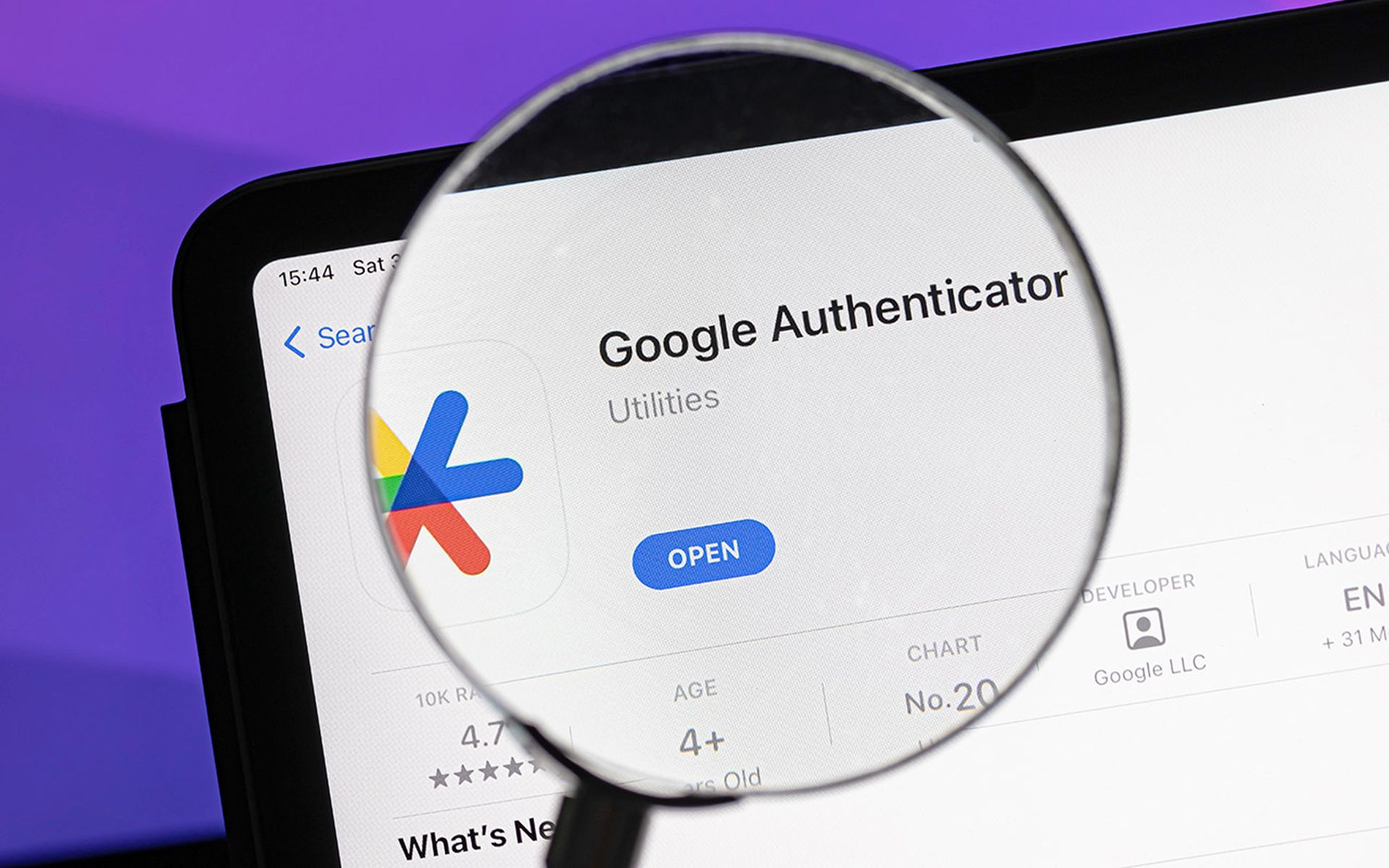 Google Authenticator app on an Ipad. Google Authenticator is a software-based authenticator by Google.