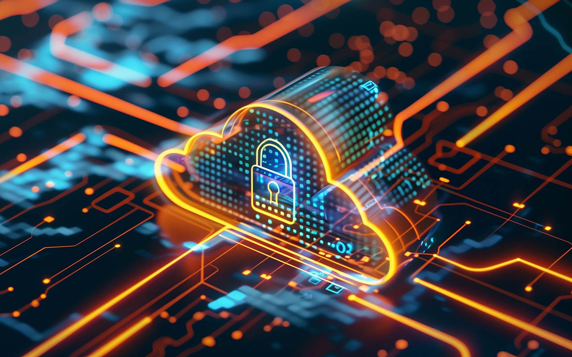 Abstract illustration of cloud security services, stylized cloud icon integrated with a secure padlock symbol, representing data protection and cybersecurity in cloud computing environments.