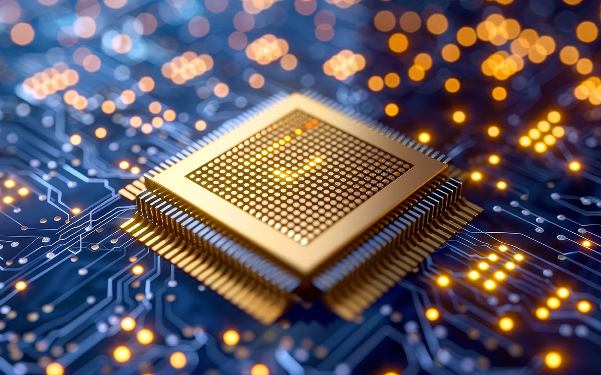 A gold-colored computer chip is seen on a motherboard surround by glowing lights and circuits