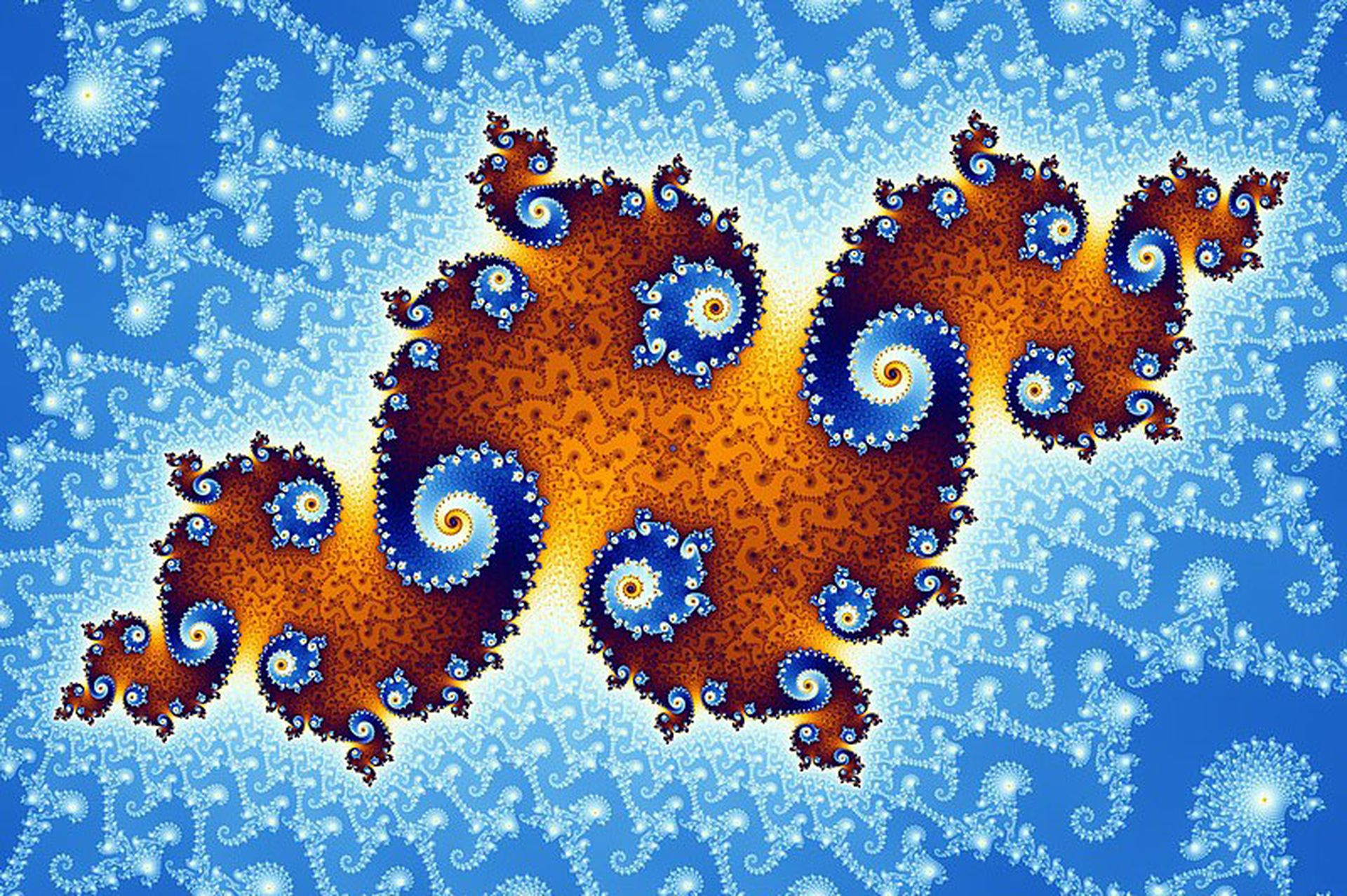 A set of Mandelbrot fractals, each with an infinitely recursive perimeter.