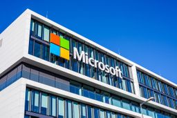 Microsoft logo at the company office building located in Munich, Germany