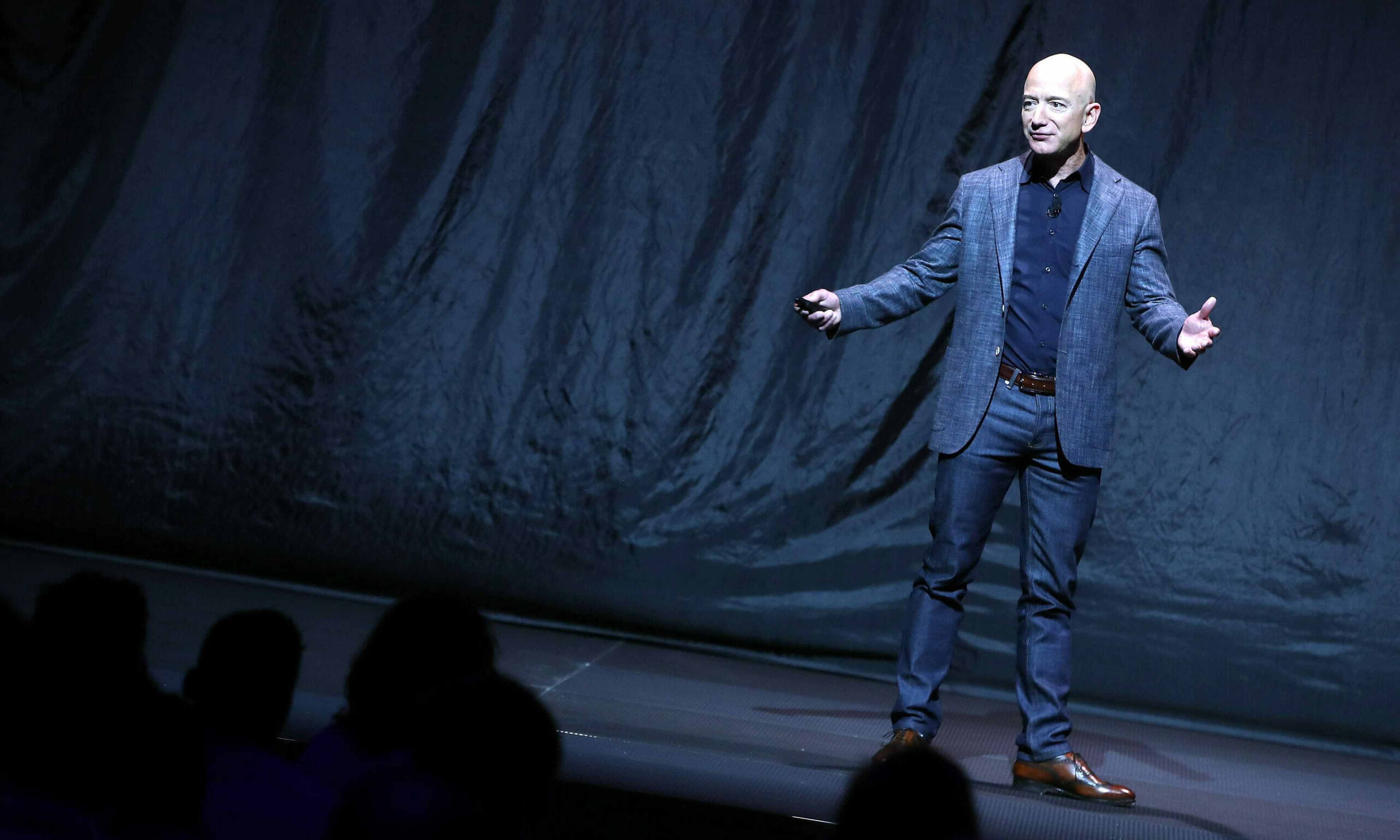 Jeff Bezos, owner of Blue Origin, speaks about outer space before unveiling a new lunar landing module called Blue Moon, during an event at the Washington Convention Center, May 9, 2019 in Washington, DC. Bezos said the lunar module will be used to land humans the moon once again.
 (Mark Wilson/Getty Images)