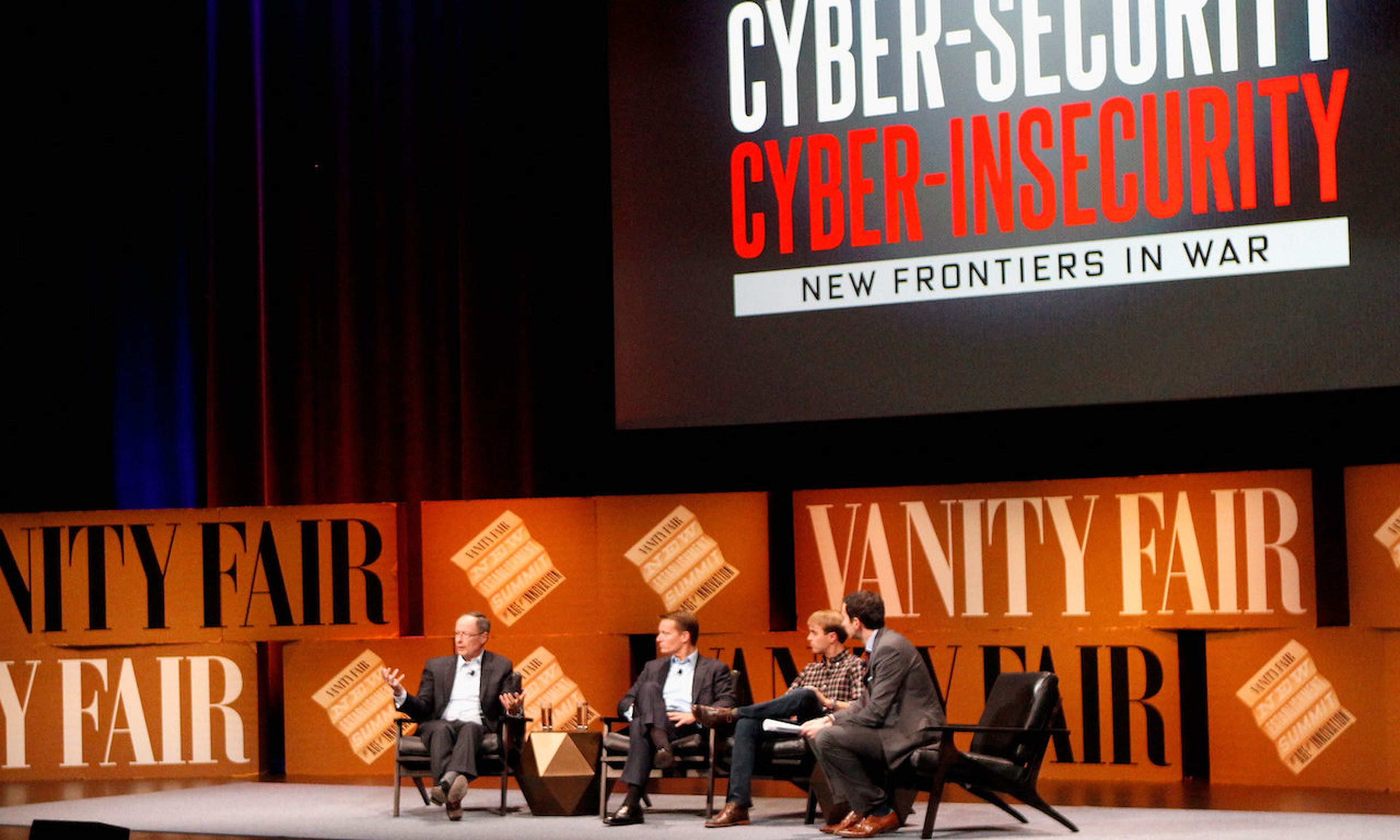 FireEye CEO Kevin Mandia, center, speaks on a panel with former director of the NSA and commander of the US Cyber Command, Keith Alexander, and founder and executive chairman of Lookout, John Hering, at the Vanity Fair New Establishment Summit in 2014. (Kimberly White/Getty Images for Vanity Fair)