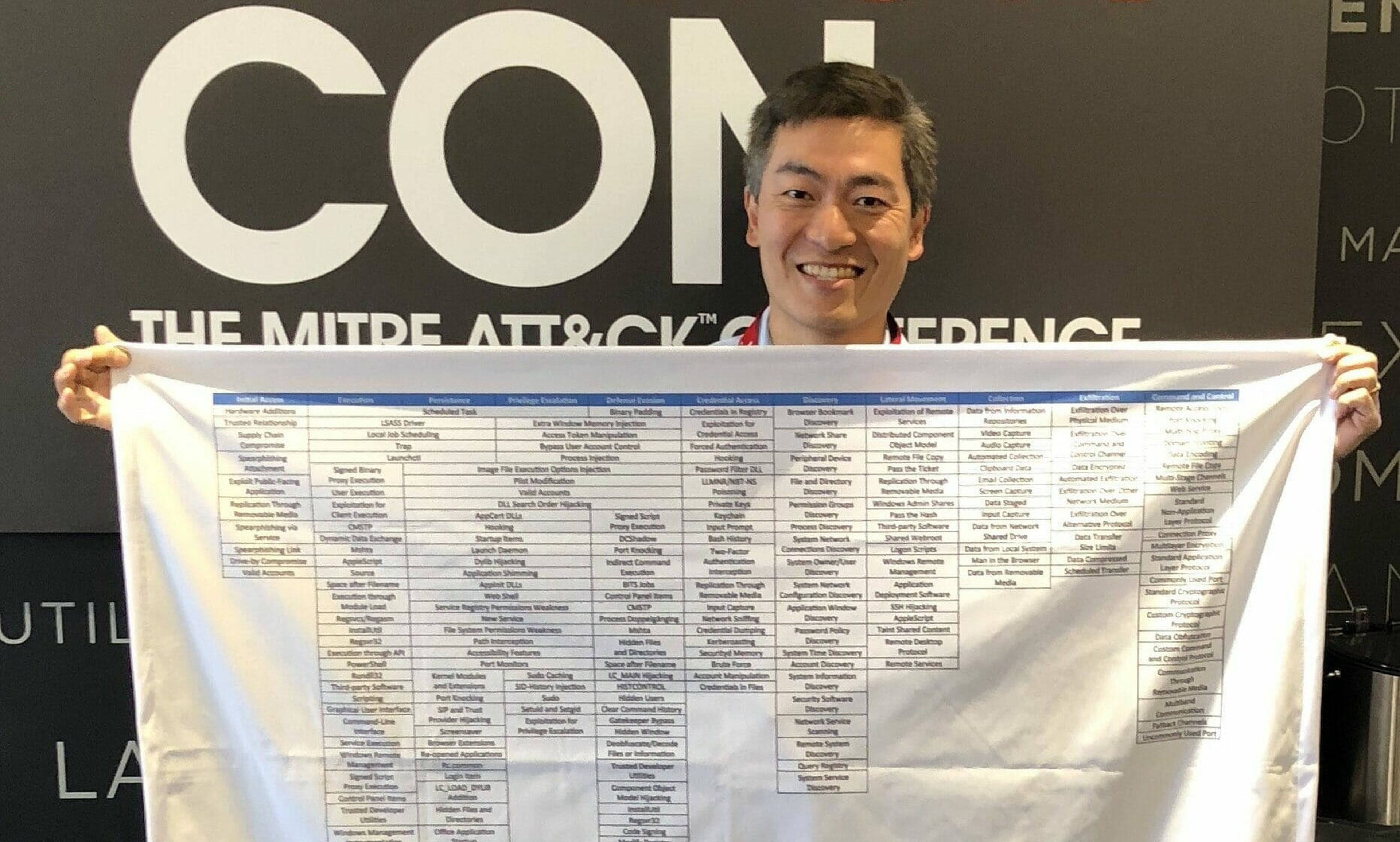 Sounil Yu at the Mitre ATT&#038;CK Conference, holding up a a life size poster of the Mitre ATT&#038;CK framework.