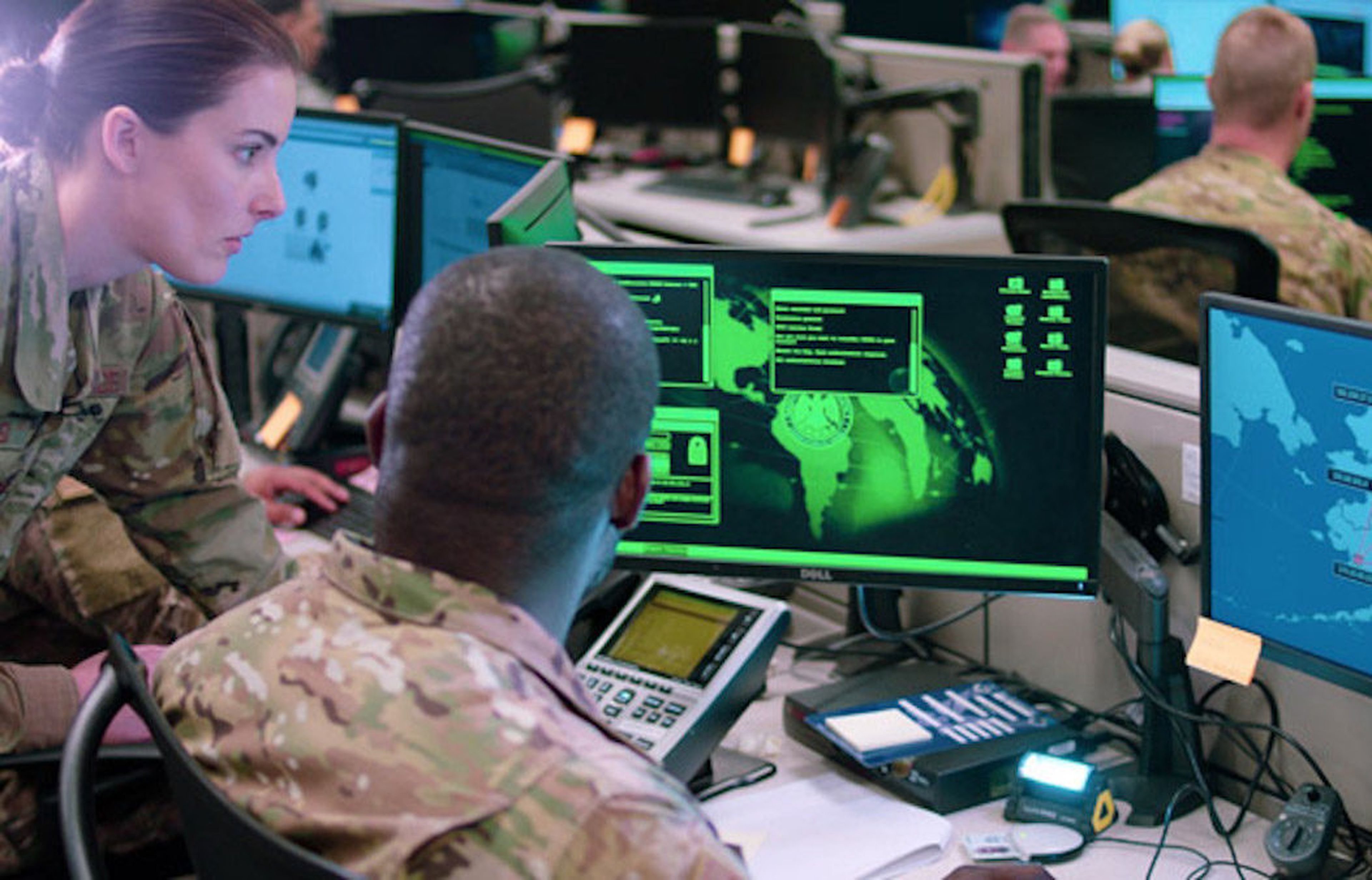 Cybersecurity operations within the U.S. Air Force, February 2021. The Air Force has been using a cyber aptitude test from Haystack Solutions to assess which airmen are best suited for various infused roles. (U.S. Air Force Photo by Maj. Christopher Vasquez, Public domain, via Wikimedia Commons)