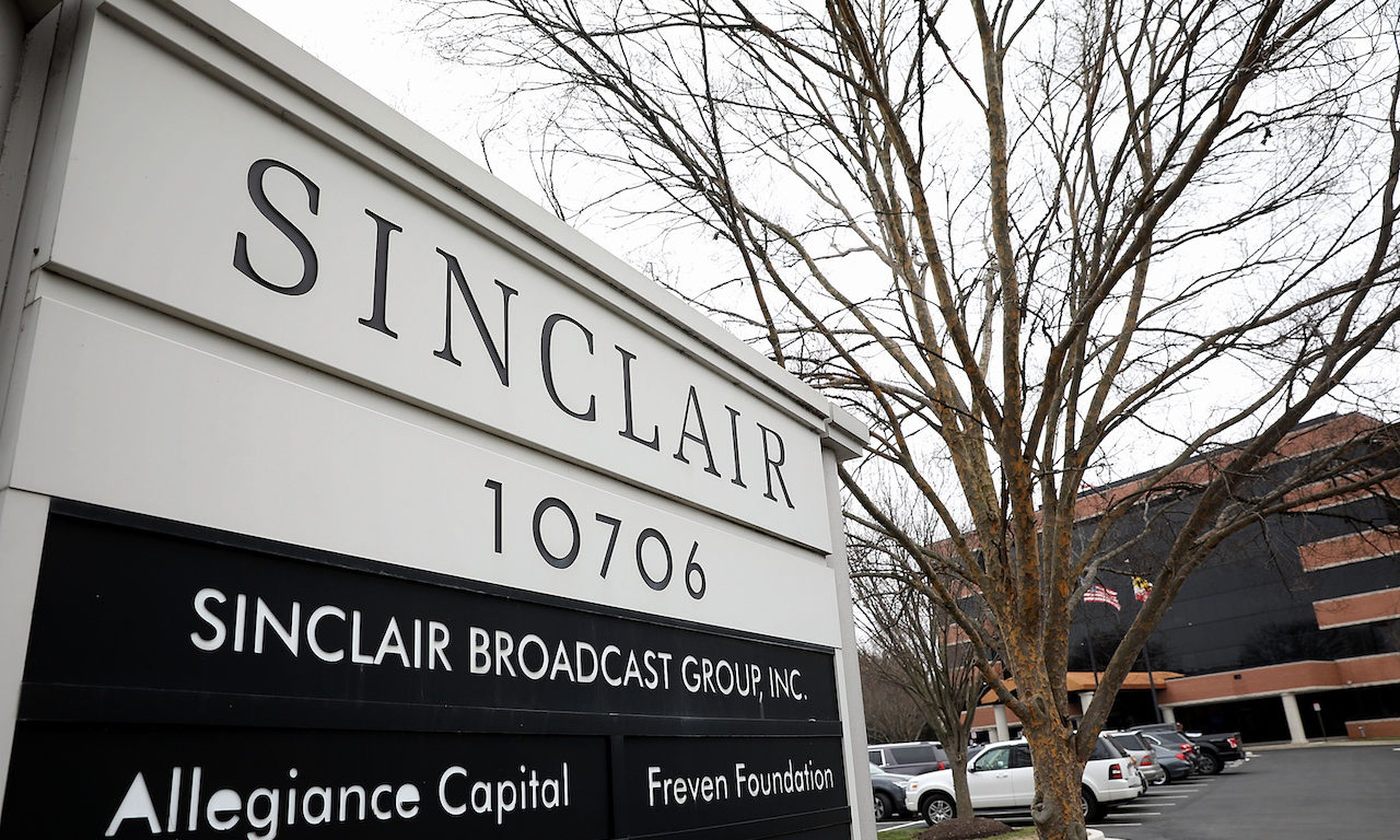 The headquarters of the Sinclair Broadcast Group is shown April 3, 2018 in Hunt Valley, Maryland. The company, the largest owner of local television stations in the United States, was hit by a ransomware attack over the weekend. (Photo by Win McNamee/Getty Images)