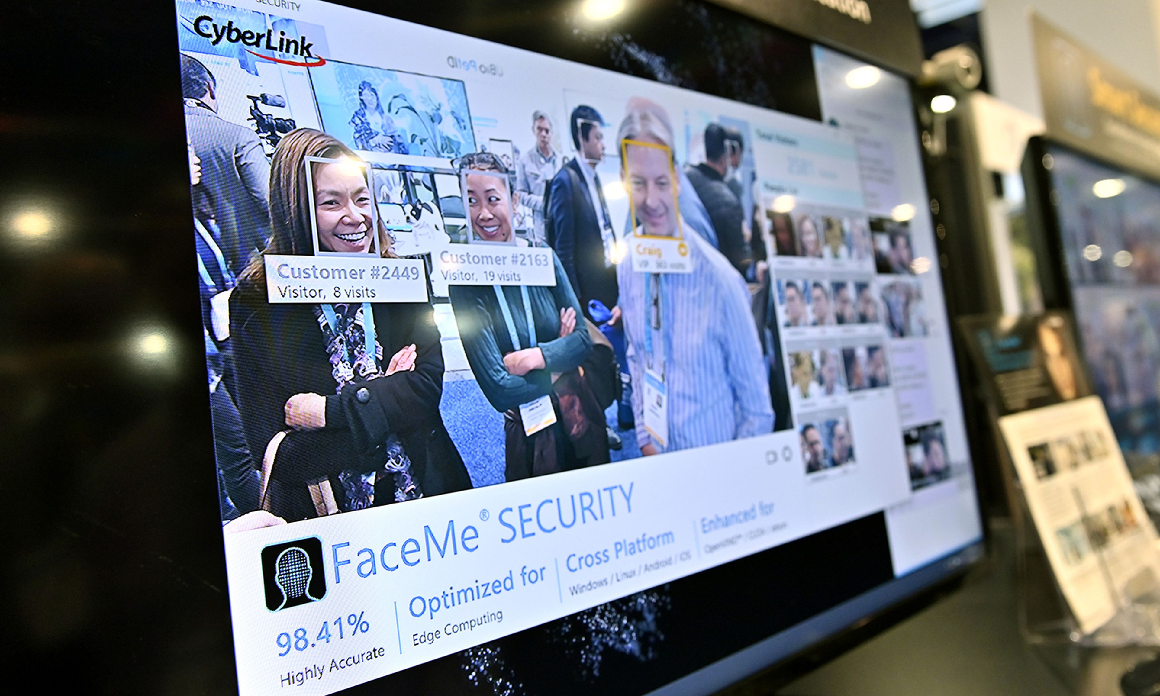 A video monitor displays attendees as their images are captured with CyperLink&#8217;s facial recognition during CES 2020 at the Las Vegas Convention Center on Jan. 8, 2020. (Photo by David Becker/Getty Images)