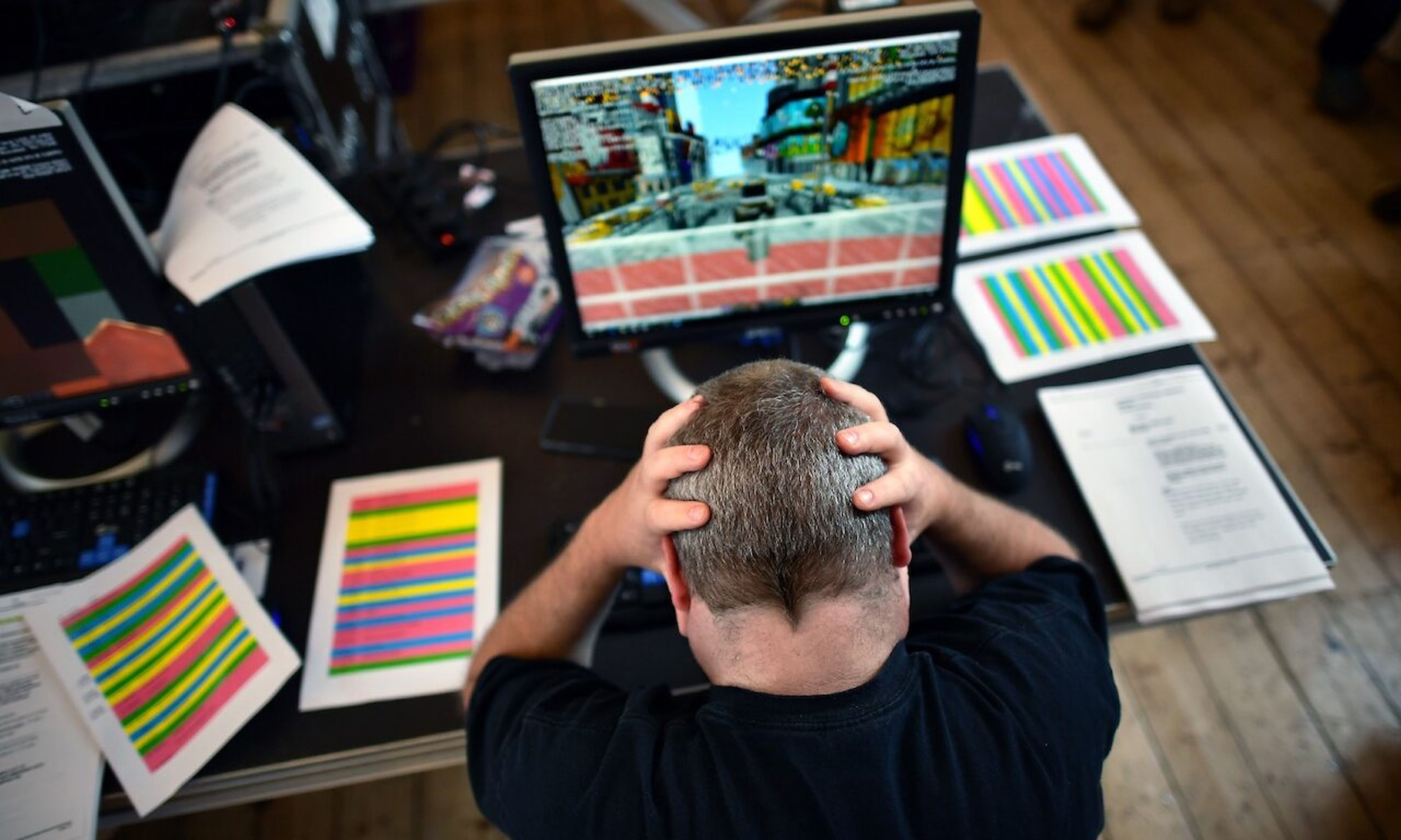 Minecraft artist Dragnoz holds his head in his hands in frustration during a &#8216;Playcraft&#8217; live rehearsal at The Playhouse Theatre and Arts Centre on October 10, 2017 in Londonderry, Northern Ireland. Log4J was first discovered in Minecraft, and has become equally frustrating for security personnel. (Photo by Charles McQuillan/Getty Image...