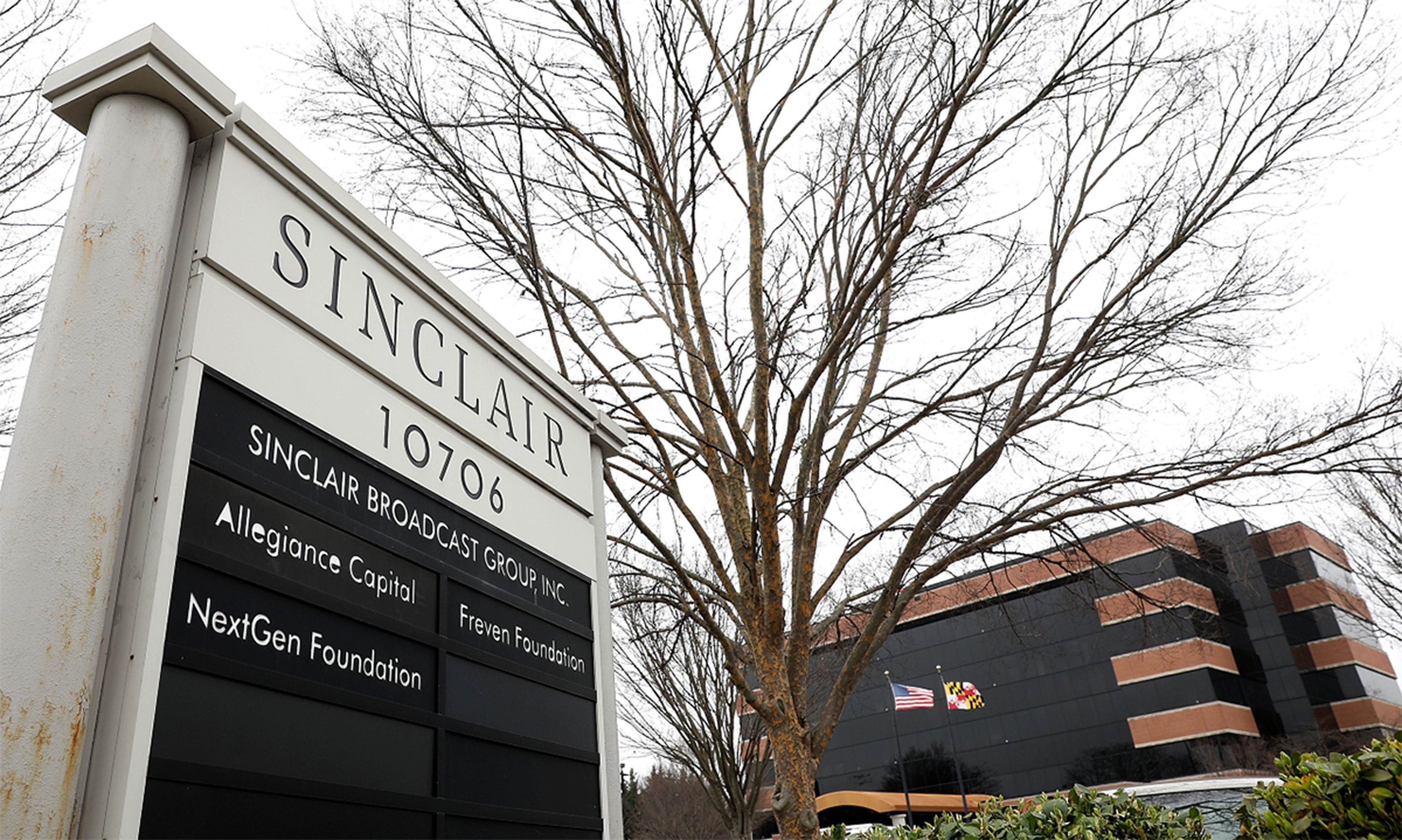 The headquarters of the Sinclair Broadcast Group in Hunt Valley, Md. Sinclair was hit by Evil Corp ransomware in October. (Photo by Win McNamee/Getty Images)
