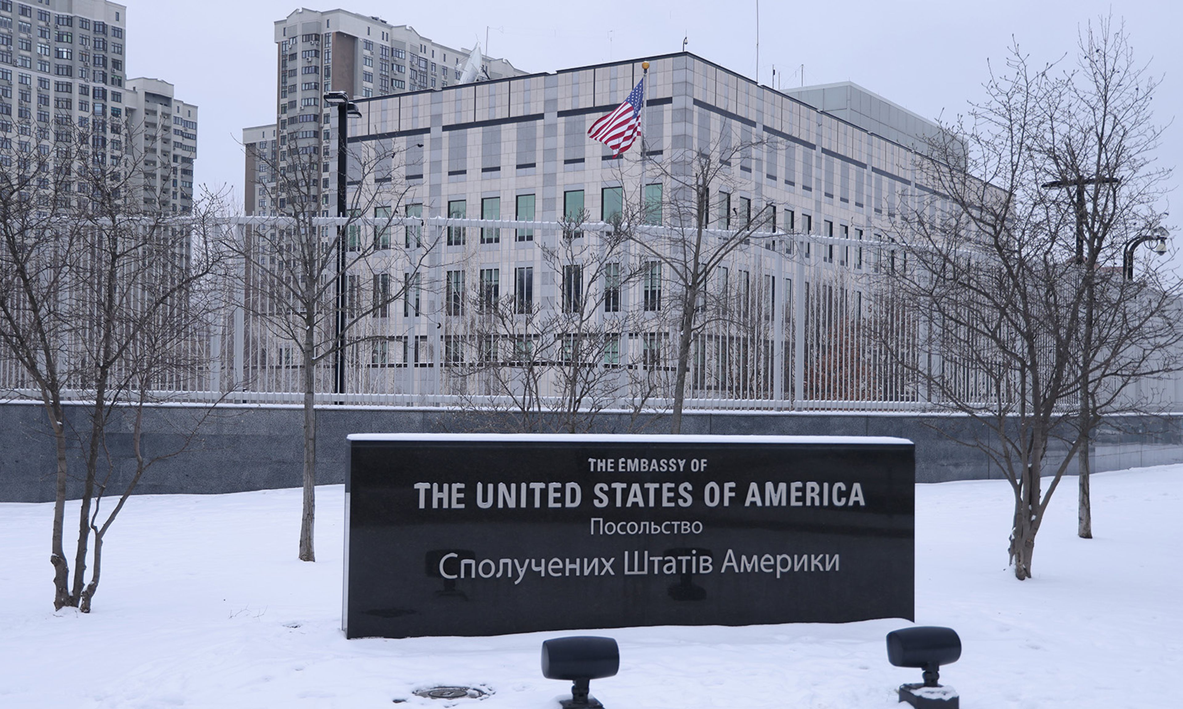 A view of the U.S. Embassy on Jan. 24, 2022, in Kyiv, Ukraine. (Photo by Sean Gallup/Getty Images)