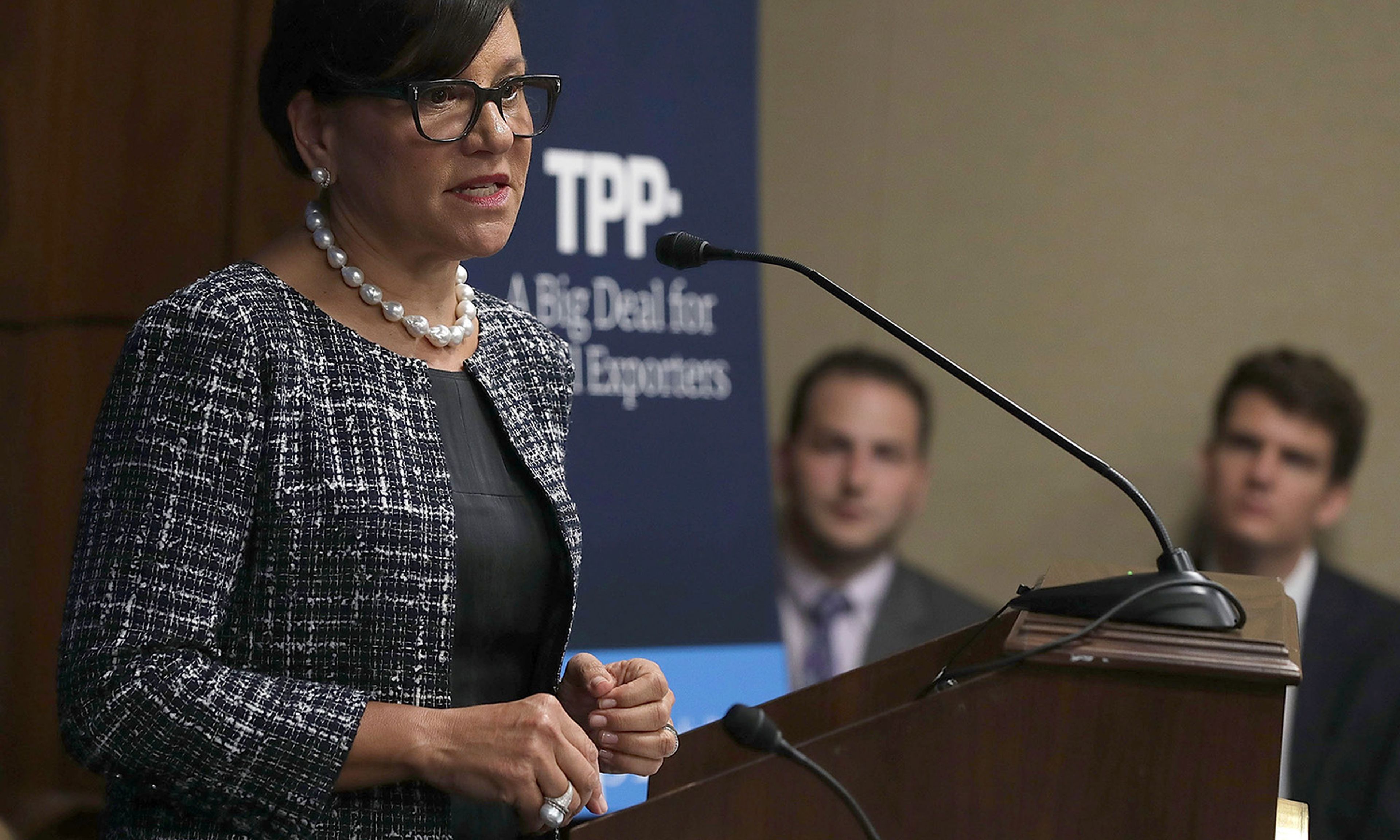 Then-Secretary of Commerce Penny Pritzker speaks during a discussion on the Trans-Pacific Partnership (TPP) on Sept. 26, 2016, in Washington. (Photo by Alex Wong/Getty Images)