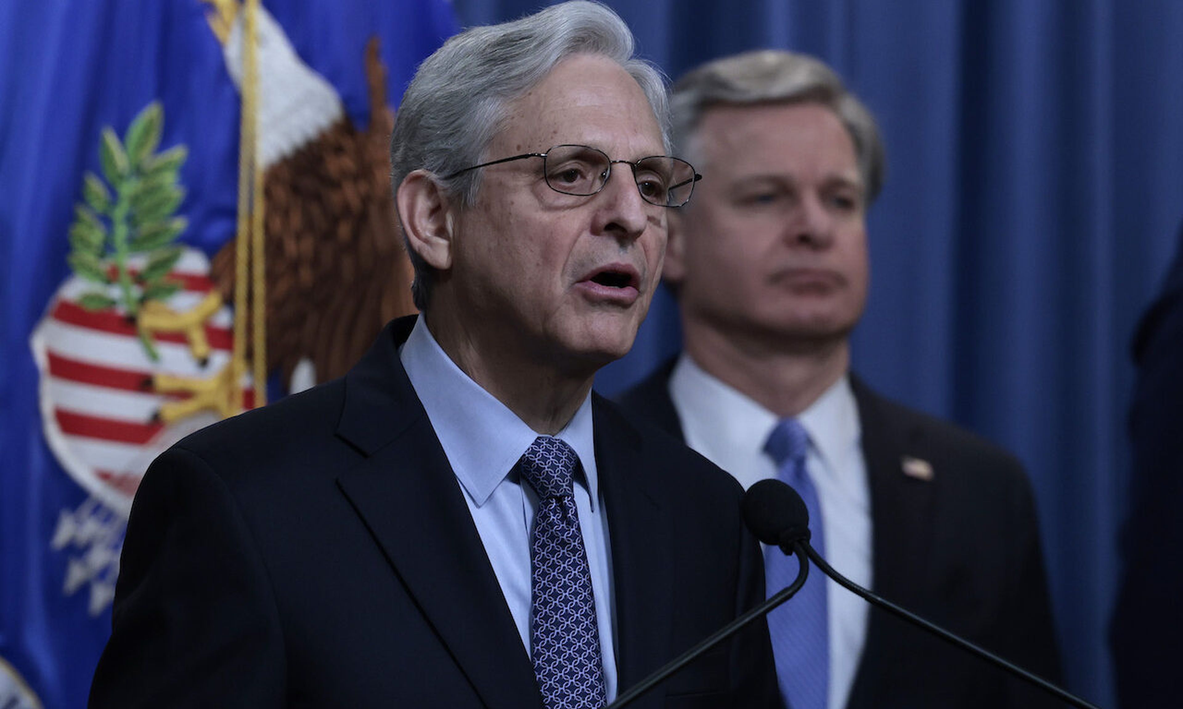 U.S. Attorney General Merrick Garland speaks during a press conference, alongside FBI Director Christopher Wray at the U.S. Justice Department on April 6, 2022, in Washington. (Photo by Anna Moneymaker/Getty Images)