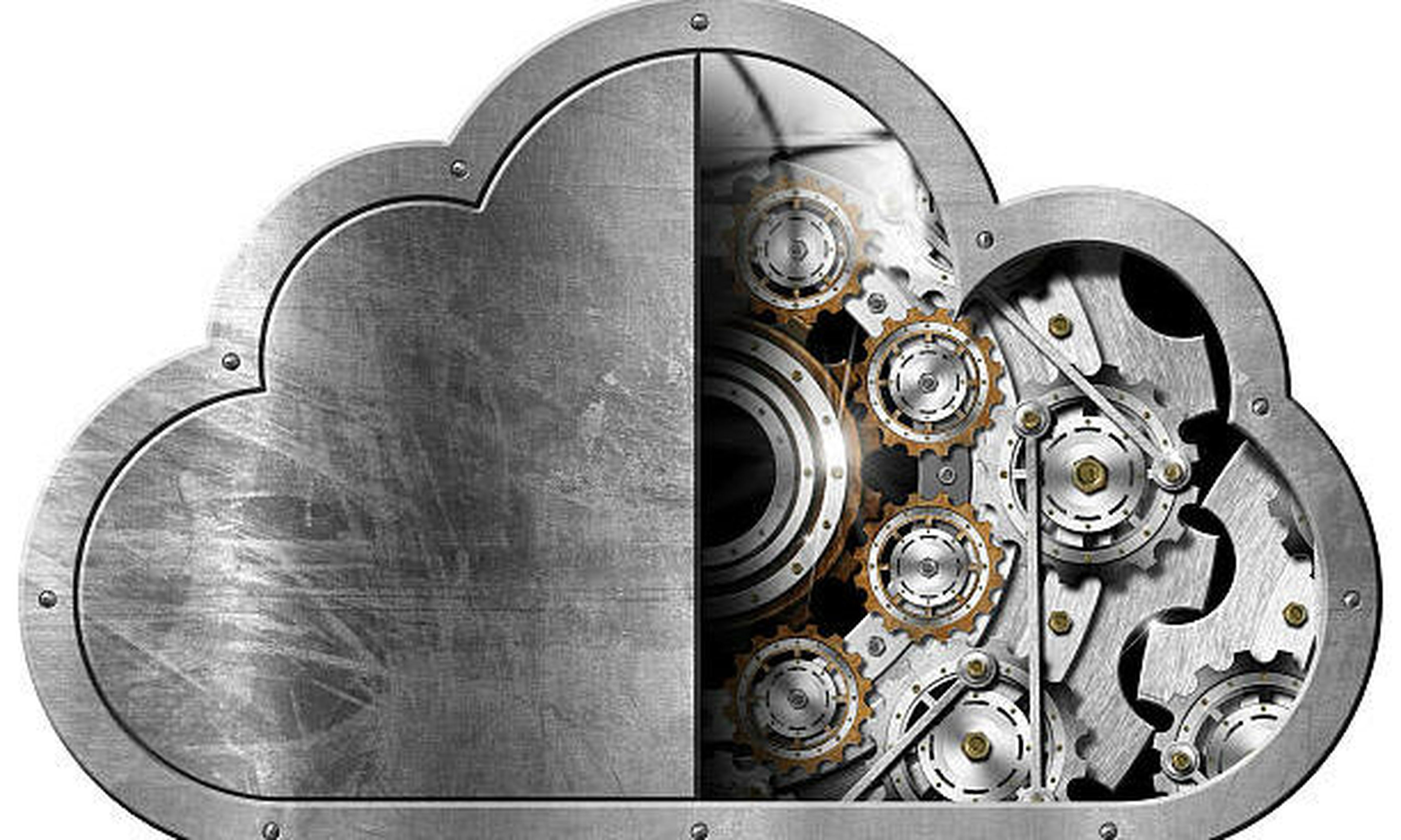 Metallic symbol in the shape of a cloud with metal gears. Concept of cloud computing