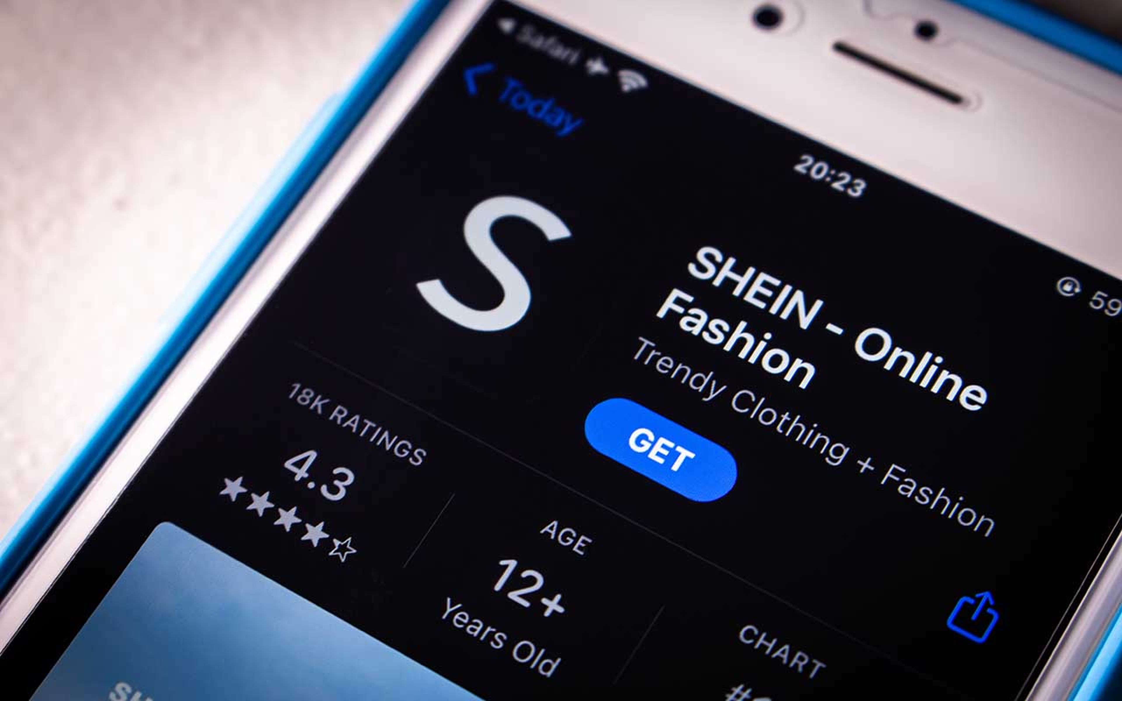 A closeup app icon of Shein, a Chinese fast fashion online fast fashion retailer, in an app store.
