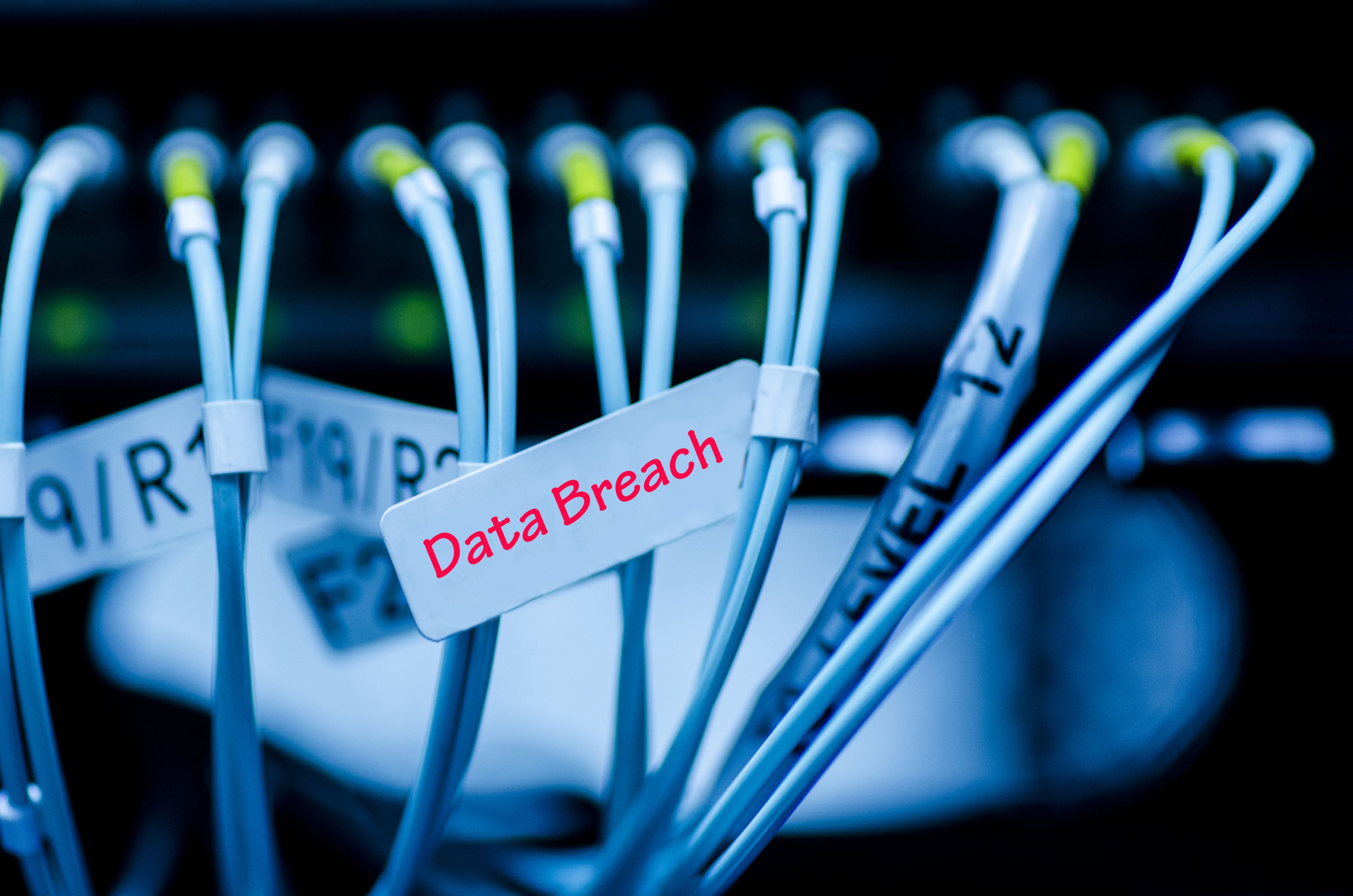 Data transfer by optical fibre on core network switch tagging with word DATA BREACH. selective focus shot