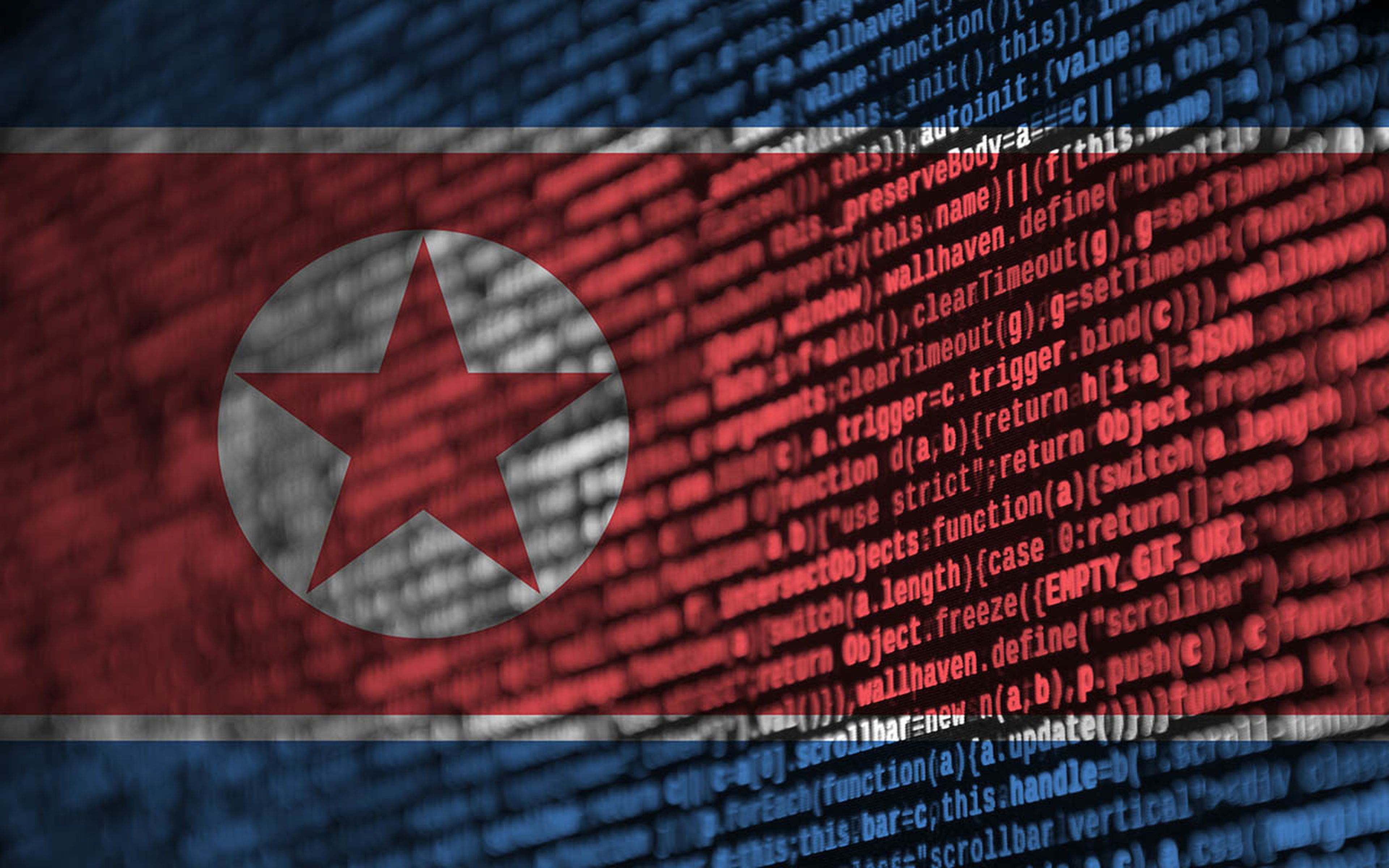 North Korea flag is depicted on the screen with the program code.