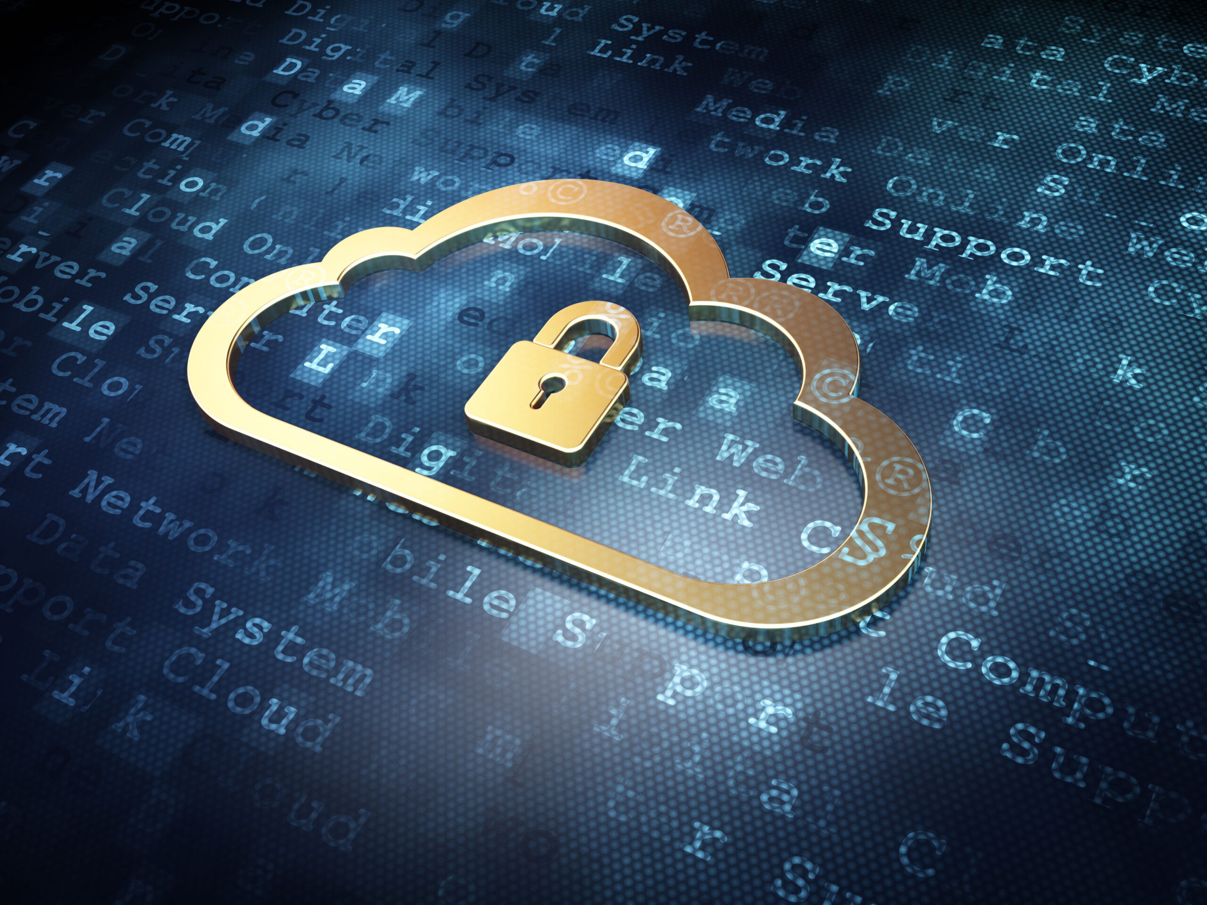 Cloud technology concept: Golden cloud with padlock on digital background.