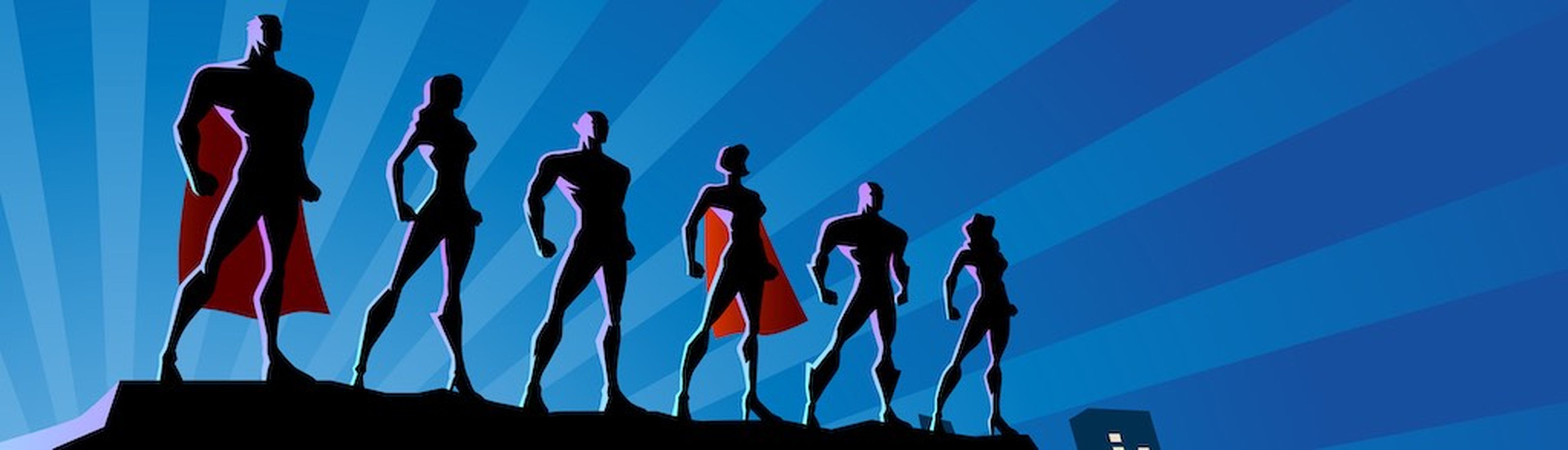 A silhouette style vector stock illustration of a team of superheroes standing on top of a rock with city skyline and light bursts in the background