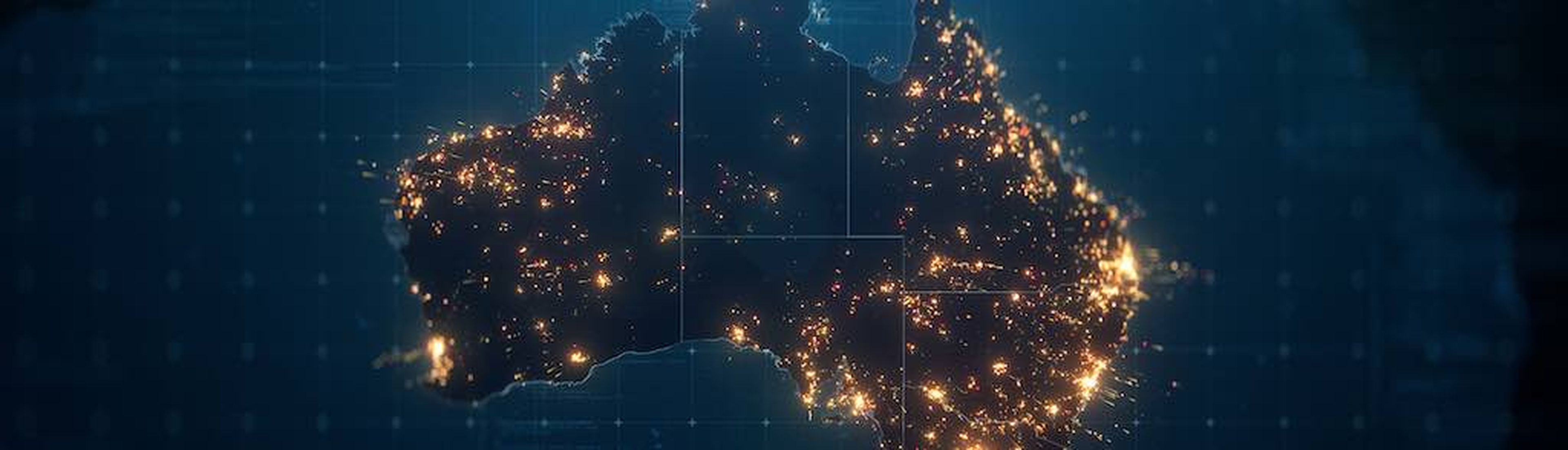 Night Map of Australia with City Lights Illumination. 3D render