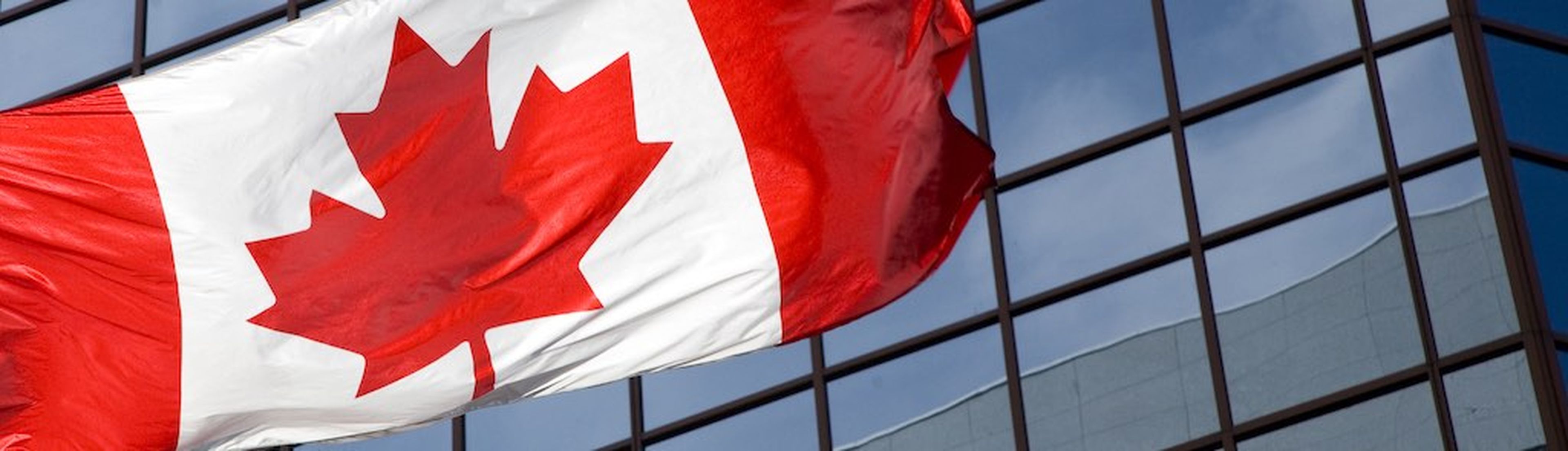 canadian flag in front of modern building