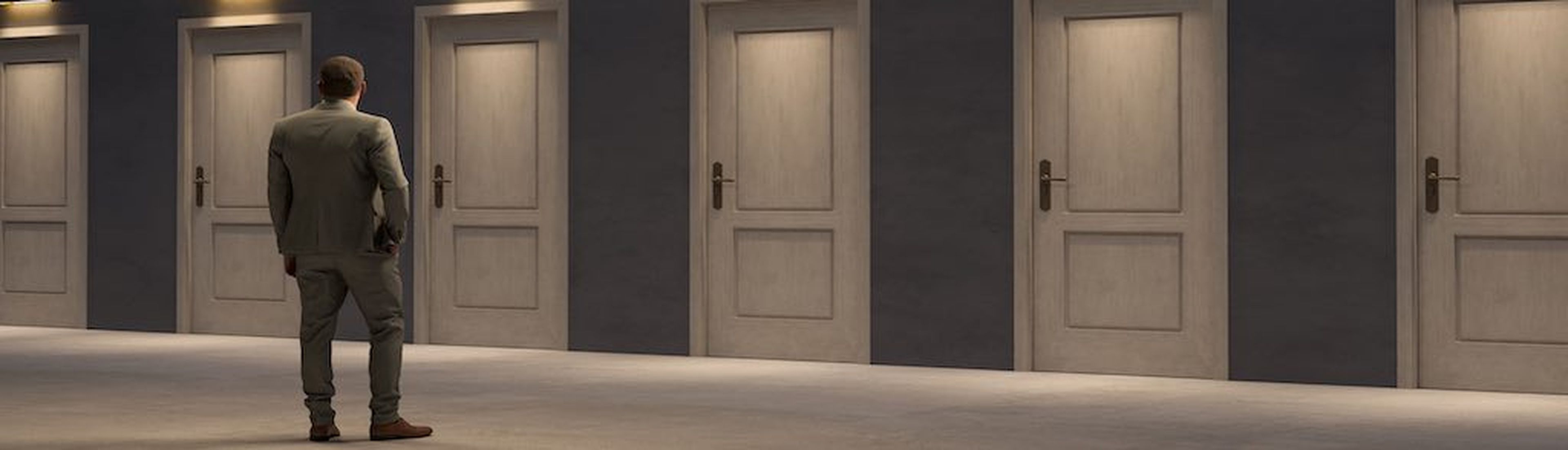 Too many closed doors, too many options. Business man looking for the right door to exit, 3D &#8211; Computer generated image.