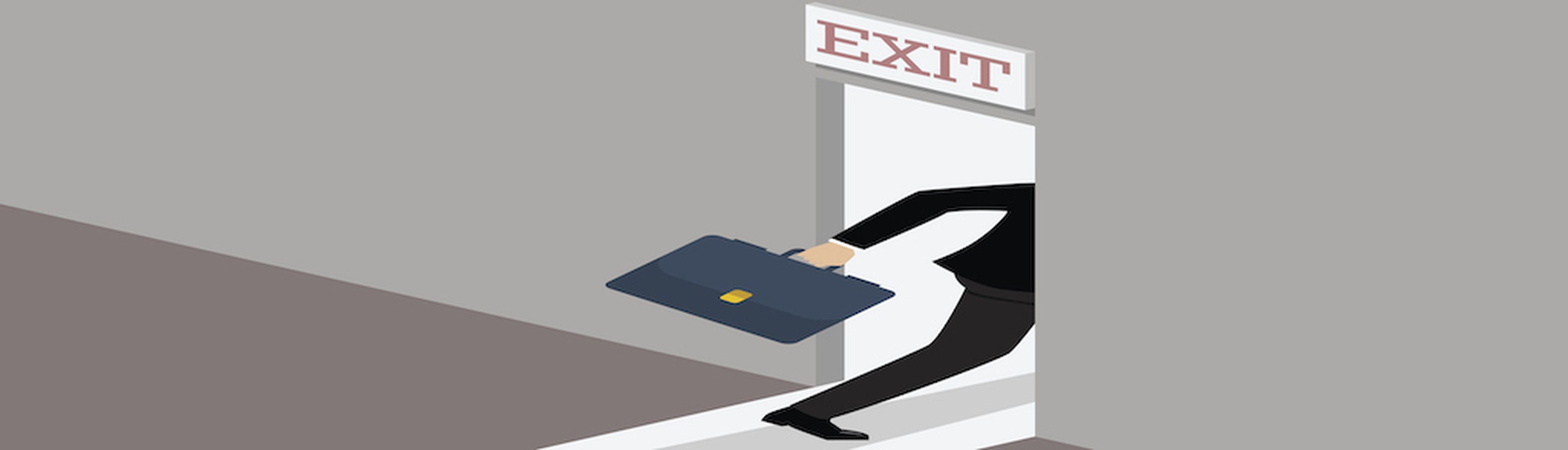 Business solution or exit strategy. Businessman runs to the exit door