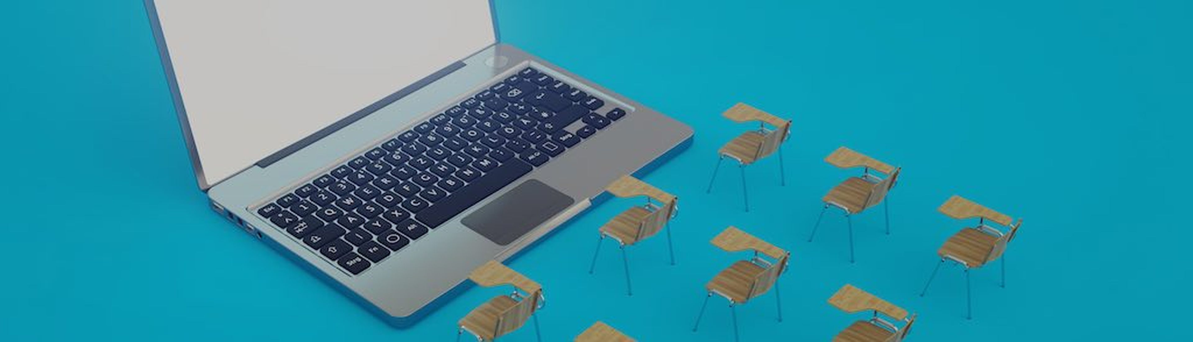 Digital classroom online education concept. School desks and laptop. 3d illustration.