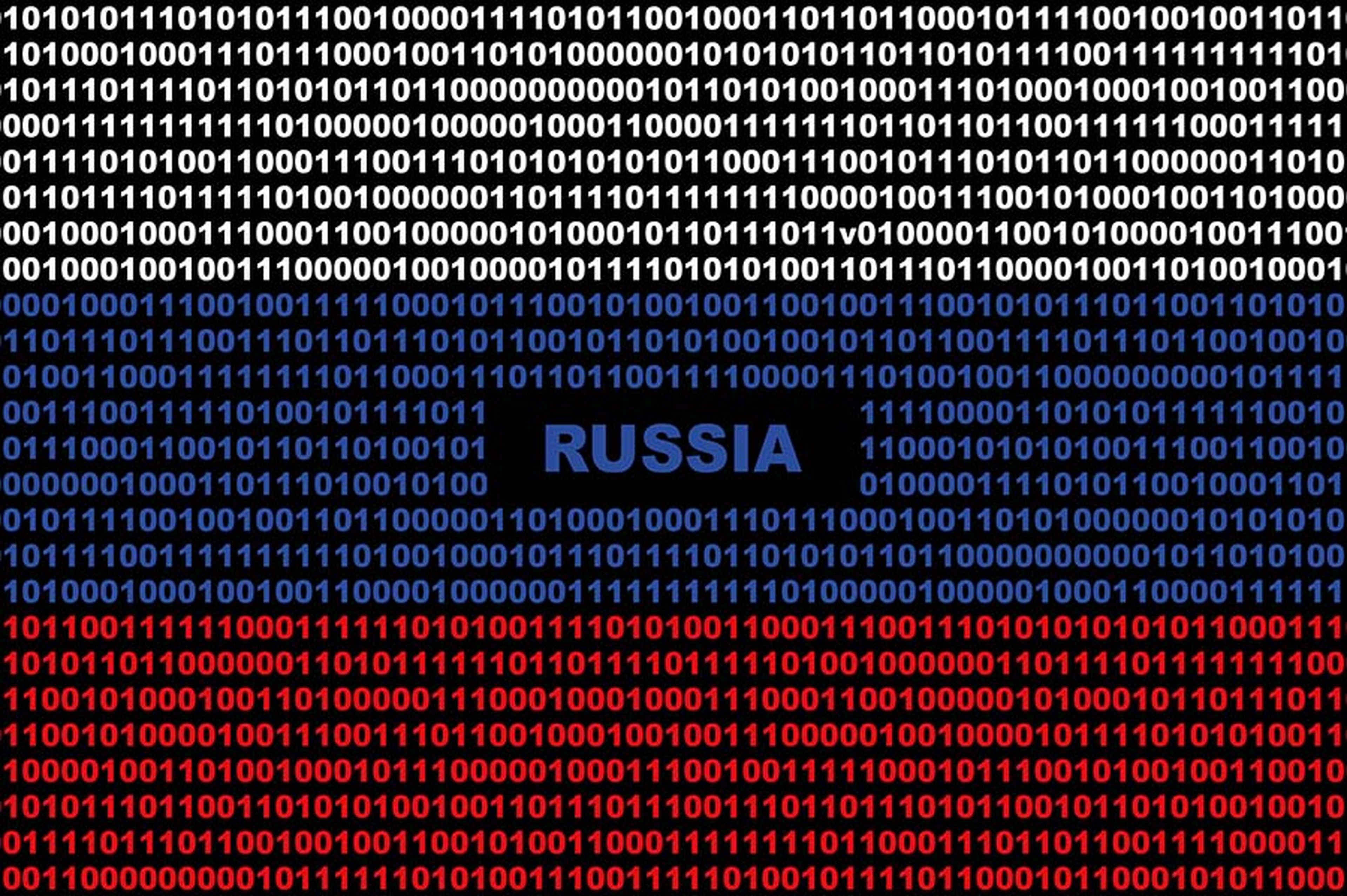 Digital Russian flag and a binary background cybersecurity concept with 0 and 1.