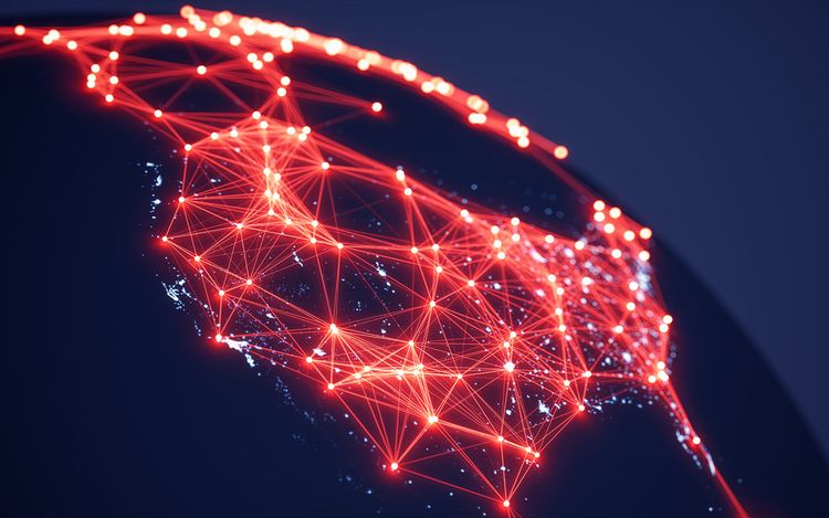 Abstract World Map With Glowing Networks - USA (World Map Courtesy of NASA)
