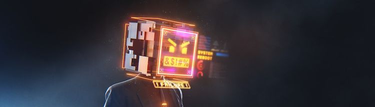 Futuristic 3D render of a businessman with digital monitor head with failure message and glitches.