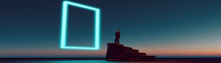 Digitally generated image of man standing on staircase in front of neon portal. Concept of chosing the right path.