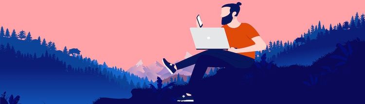 Bearded man with laptop and smartphone working outdoors in nature with landscape, forest and mountains in background. Remote work and freedom concept. Vector.