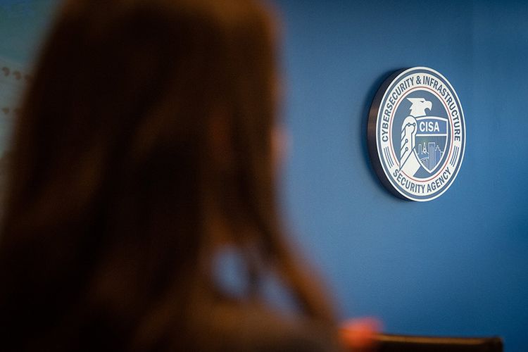 The Cybersecurity and Infrastructure Security Agency (CISA) emblem is seen at its headquarters in Arlington, Va.