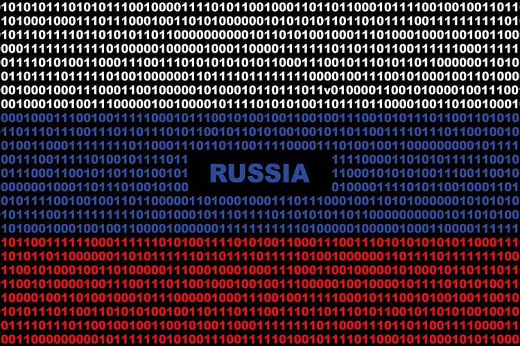 Digital Russian flag and a binary background cybersecurity concept with 0 and 1.