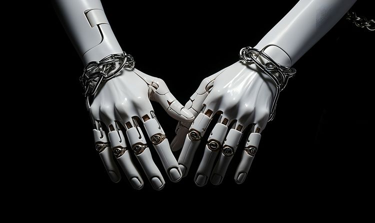AI robot hands in cuffs, digital crime