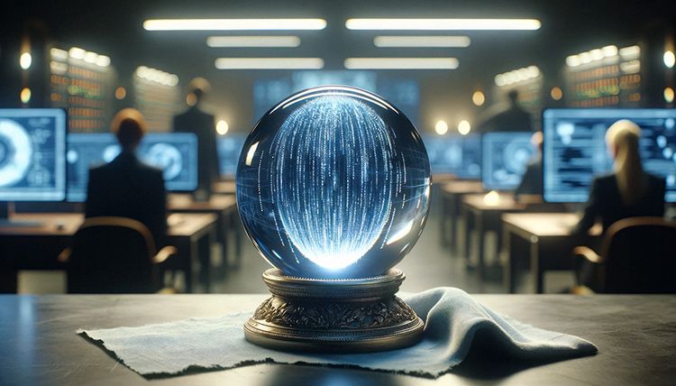 Crystal ball on a desk, AI driven visions of sophisticated algorithm. Blurred tech office in the background, intense cyber security operations