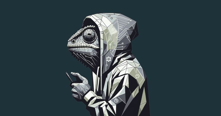 A black-and-white drawing of a chameleon wearing a hoody while holding a phone