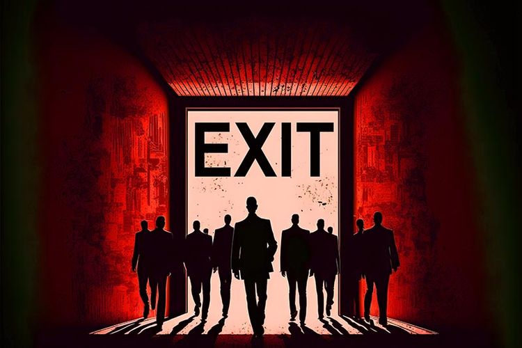 Massive layoffs hitting Big Tech. Tech workers mass layoffs. Silhouettes of lot of people go to the exit from the office.
