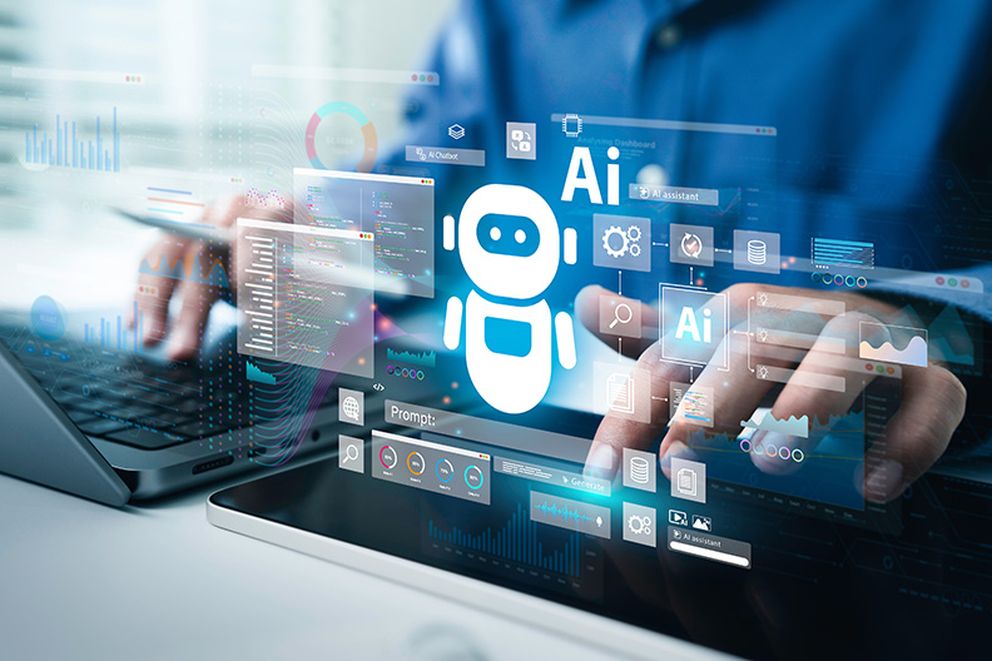 AI Artificial Intelligence technology for data analysis, research, planning, and work generate. Man uses a laptop and AI assistant dashboard. Technology smart robot AI agents and agentic workflows.